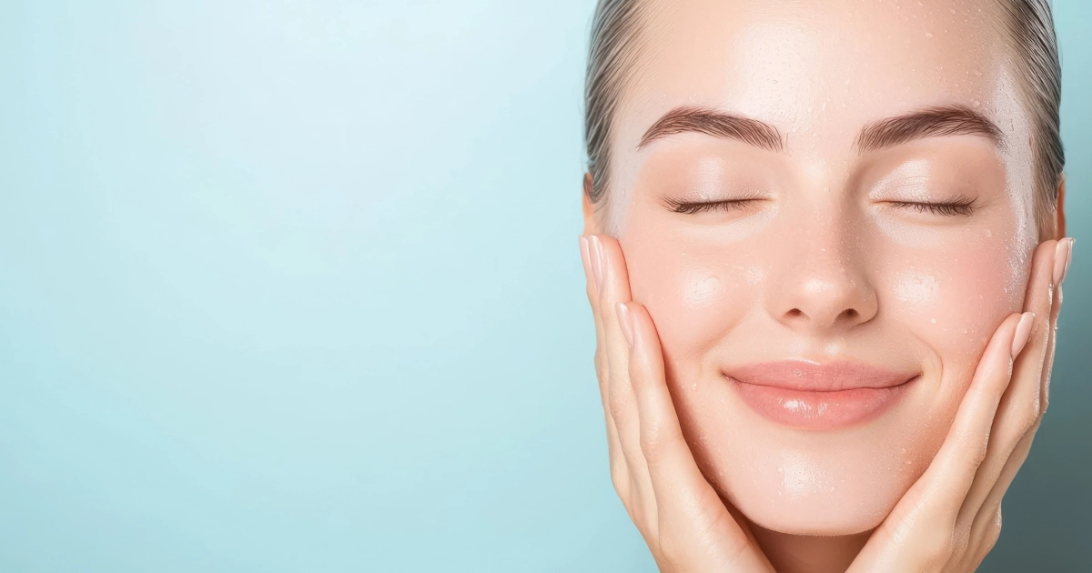 Woman with glowing, wet skin gently cups her face with her hands, eyes closed in a contented smile, showcasing Morpheus8 in Fairfax, VA against a light blue background.