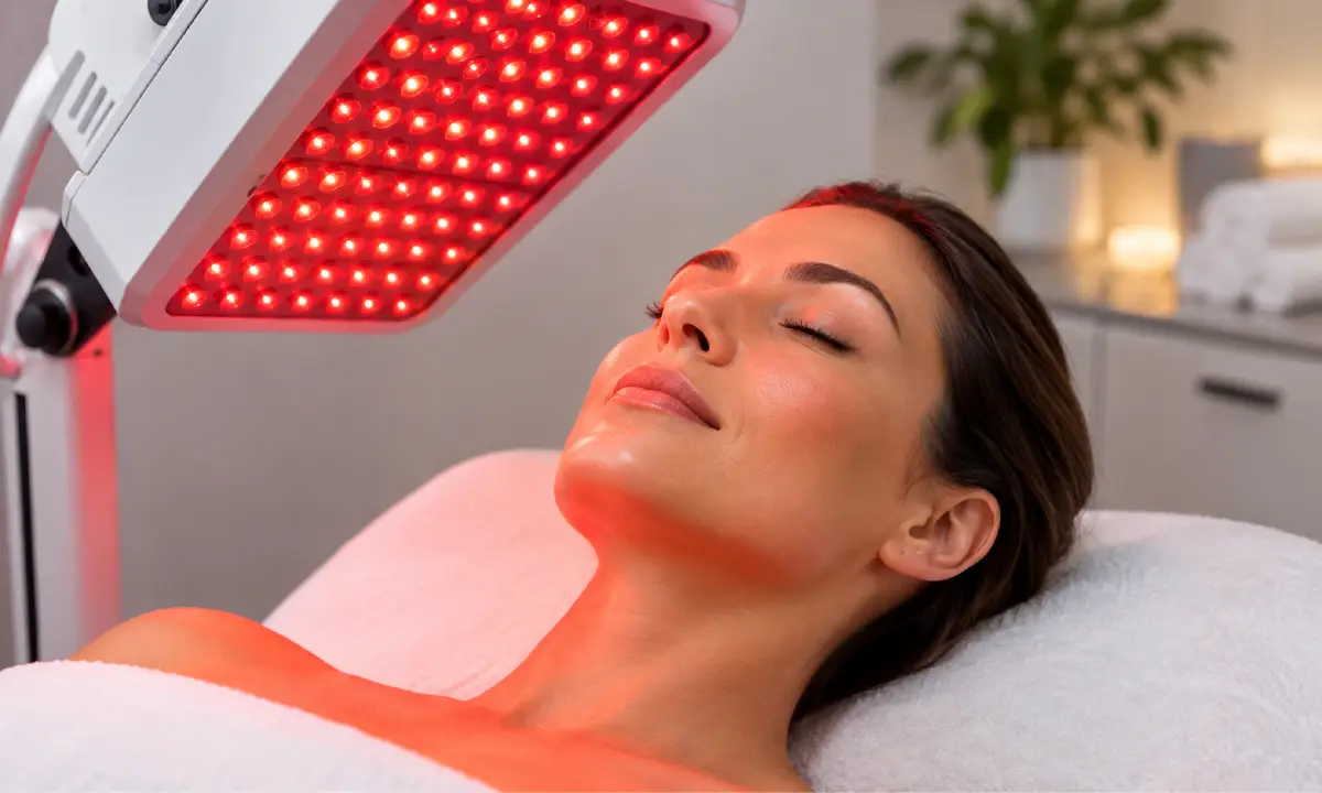 Woman receiving red light therapy treatment in Fairfax, VA for anti-aging skincare in a Aramcare LLC- Gentle Wellness Center.